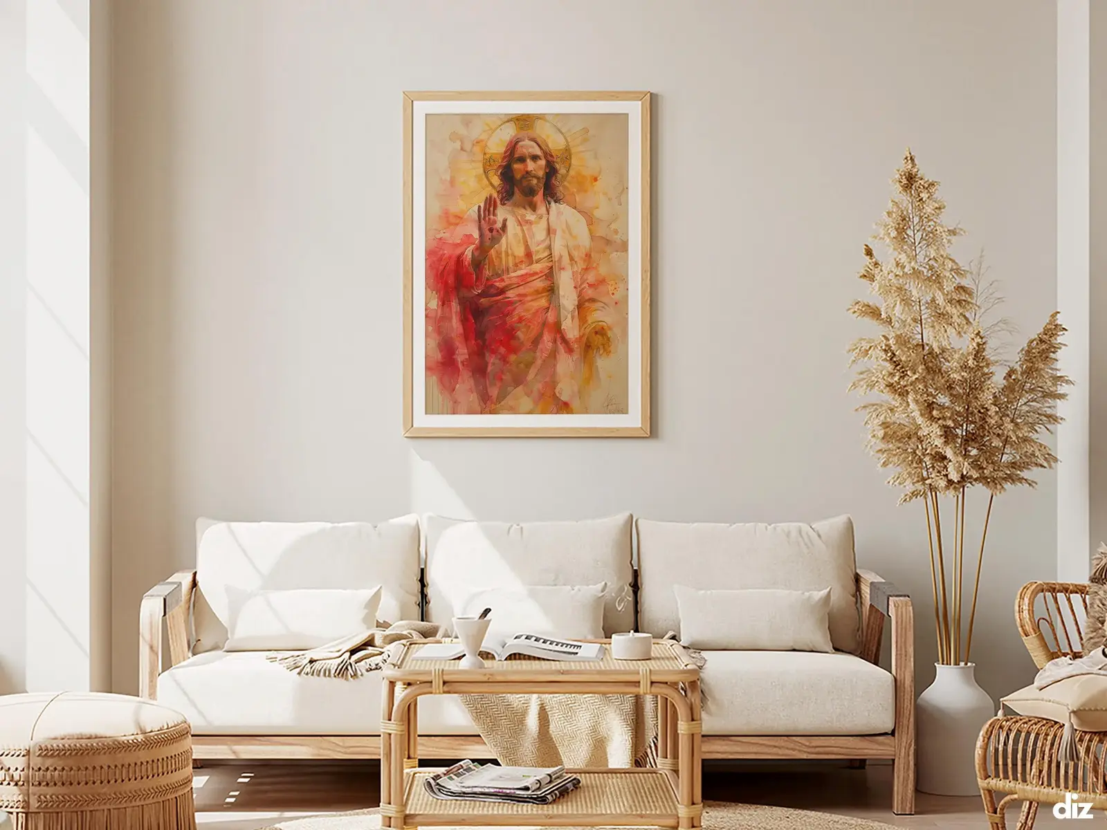 Framed Sacred Heart of Jesus above bed, bedroom sanctuary offering mercy and trust, jesus wall art artwork of jesus