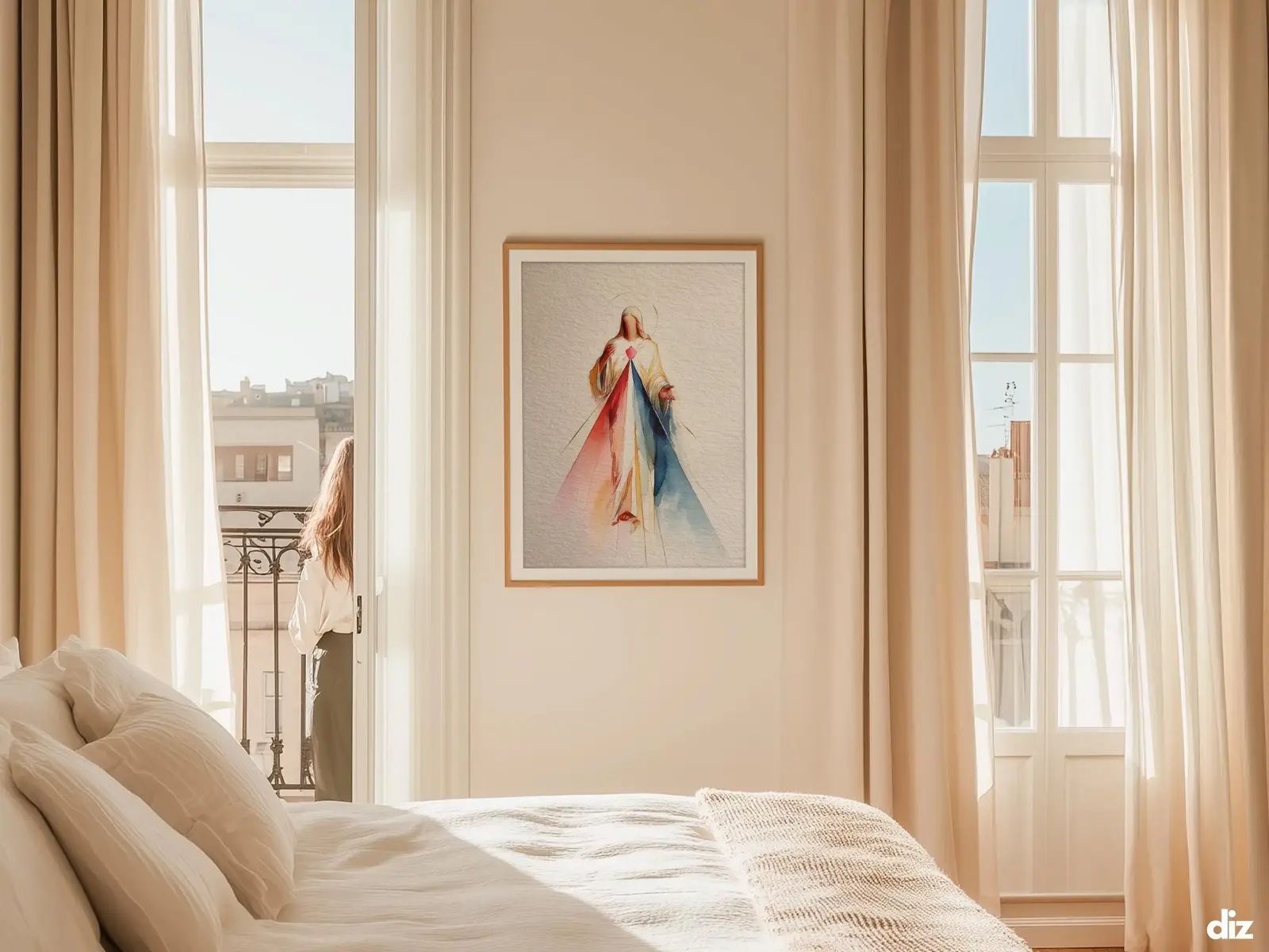 Sacred Heart of Jesus framed above sofa, living room display blending peace and devotion, bible wall art catholic wall art