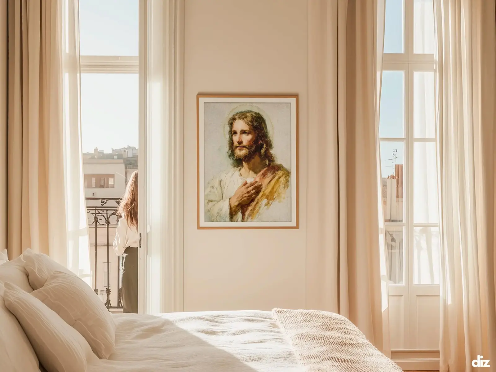 Sacred Heart of Jesus framed above sofa, living room display blending peace and devotion, bible wall art catholic wall art