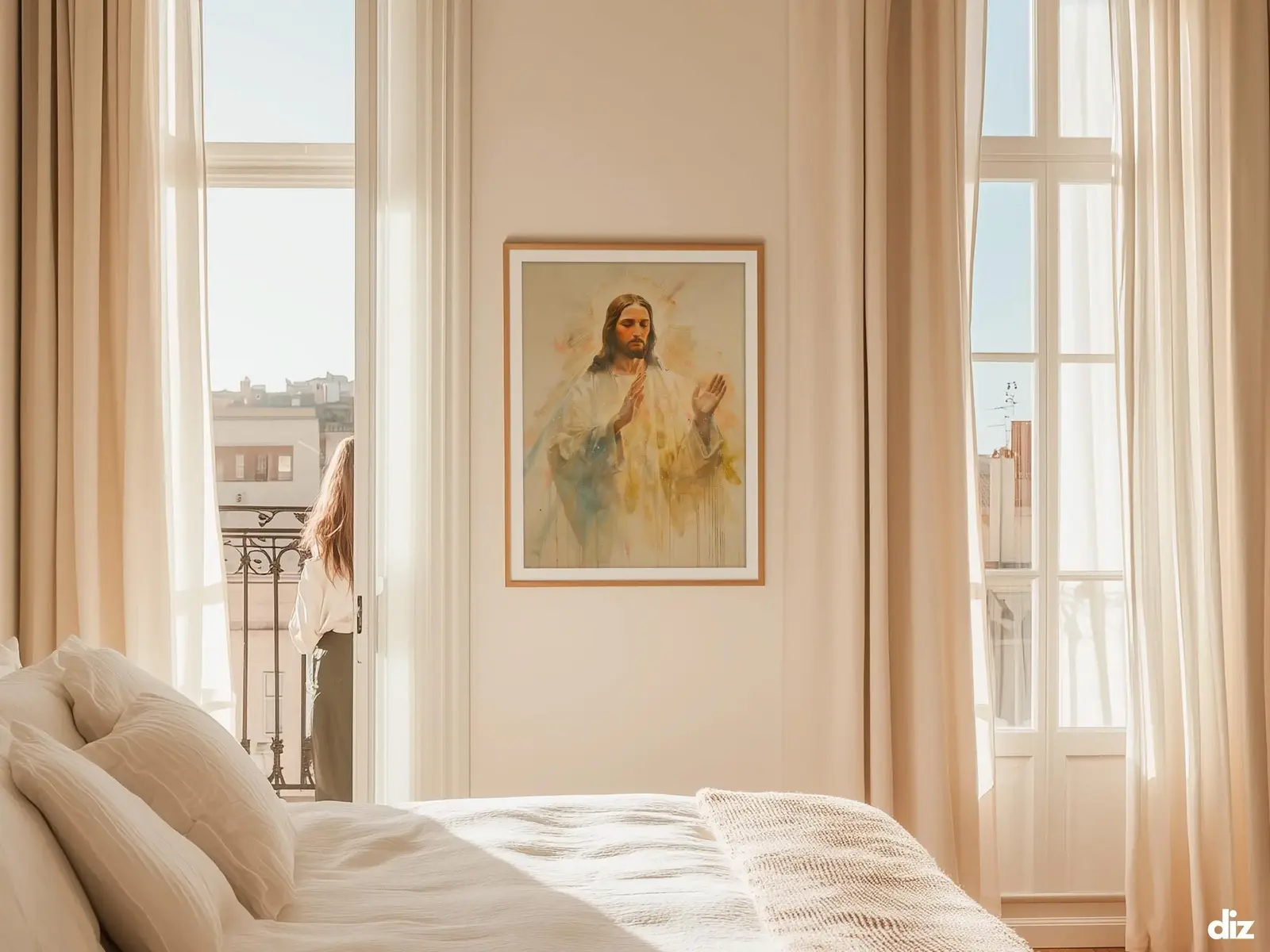 Sacred Heart of Jesus framed above sofa, living room display blending peace and devotion, bible wall art catholic wall art