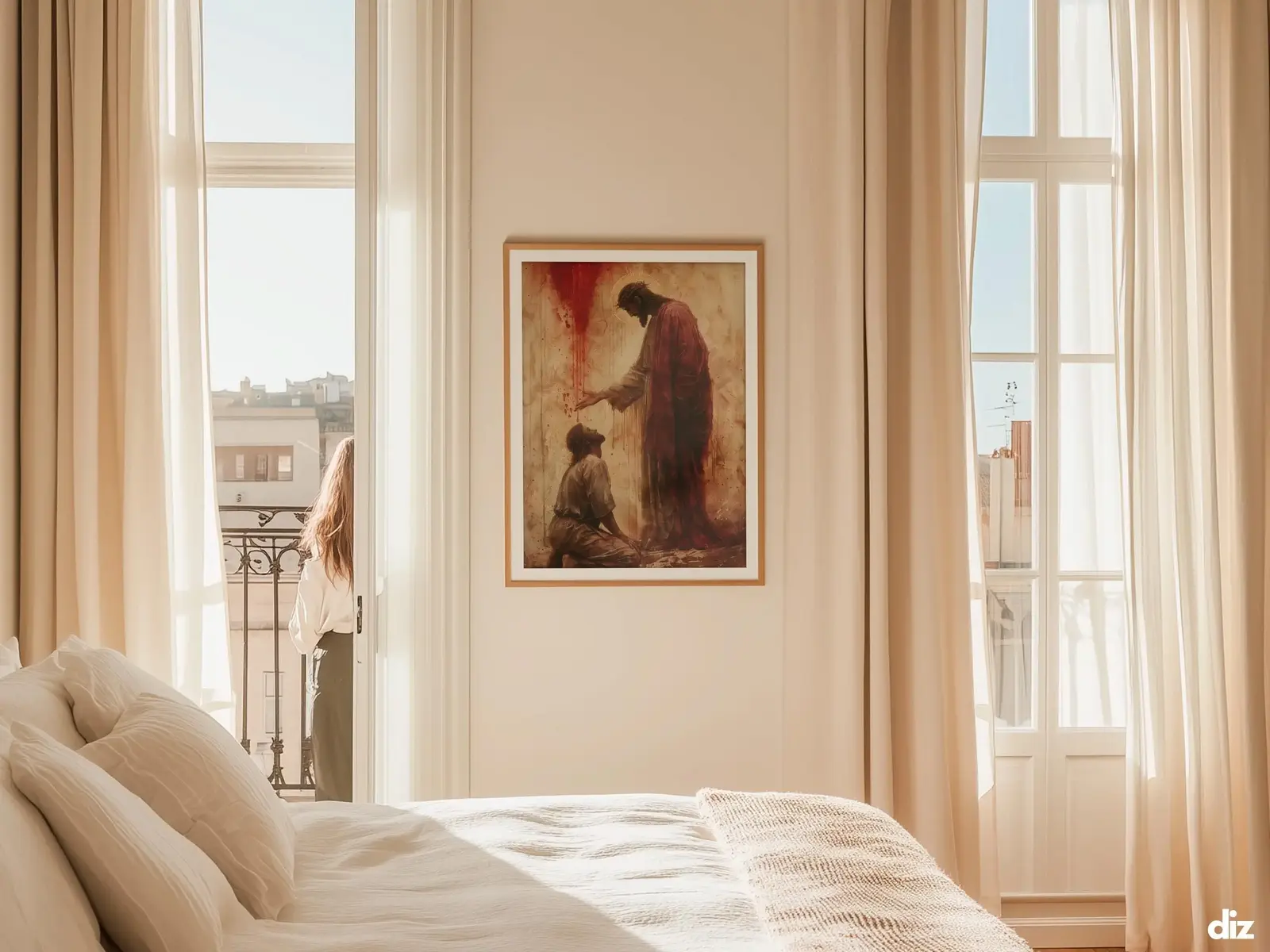 Sacred Heart of Jesus framed above sofa, living room display blending peace and devotion, bible wall art catholic wall art