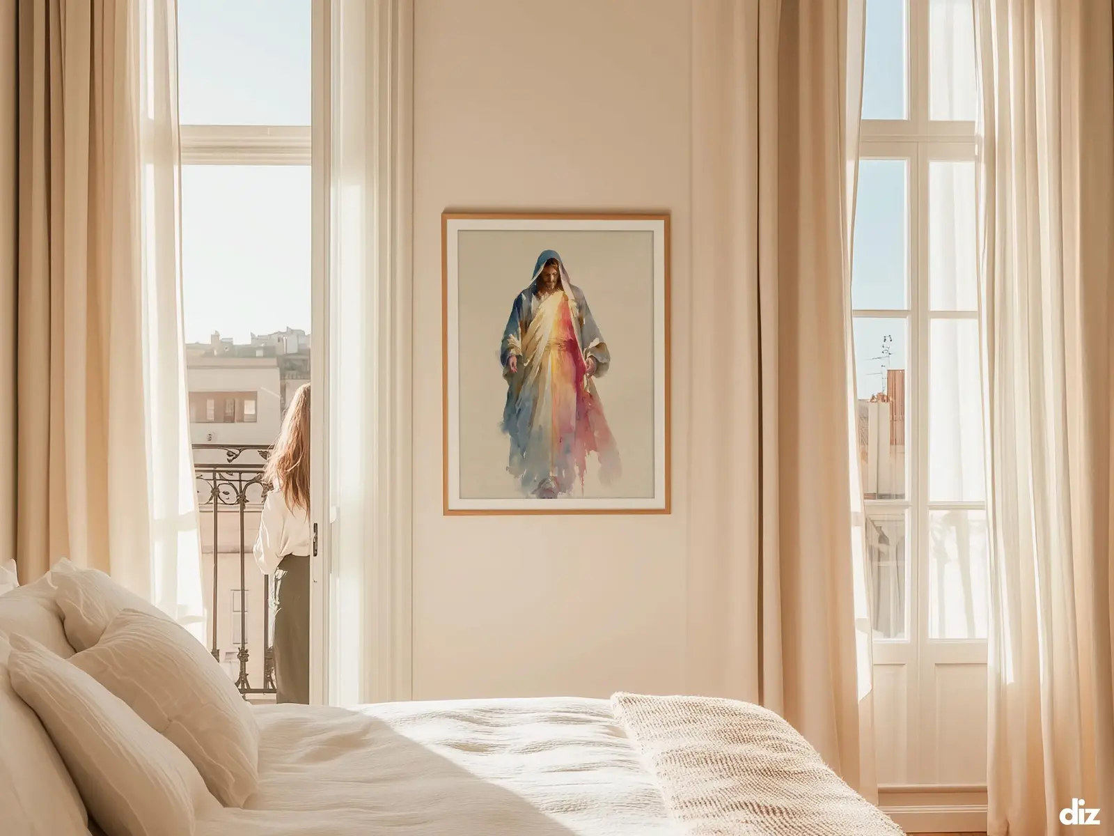 Sacred Heart of Jesus framed above sofa, living room display blending peace and devotion, bible wall art catholic wall art