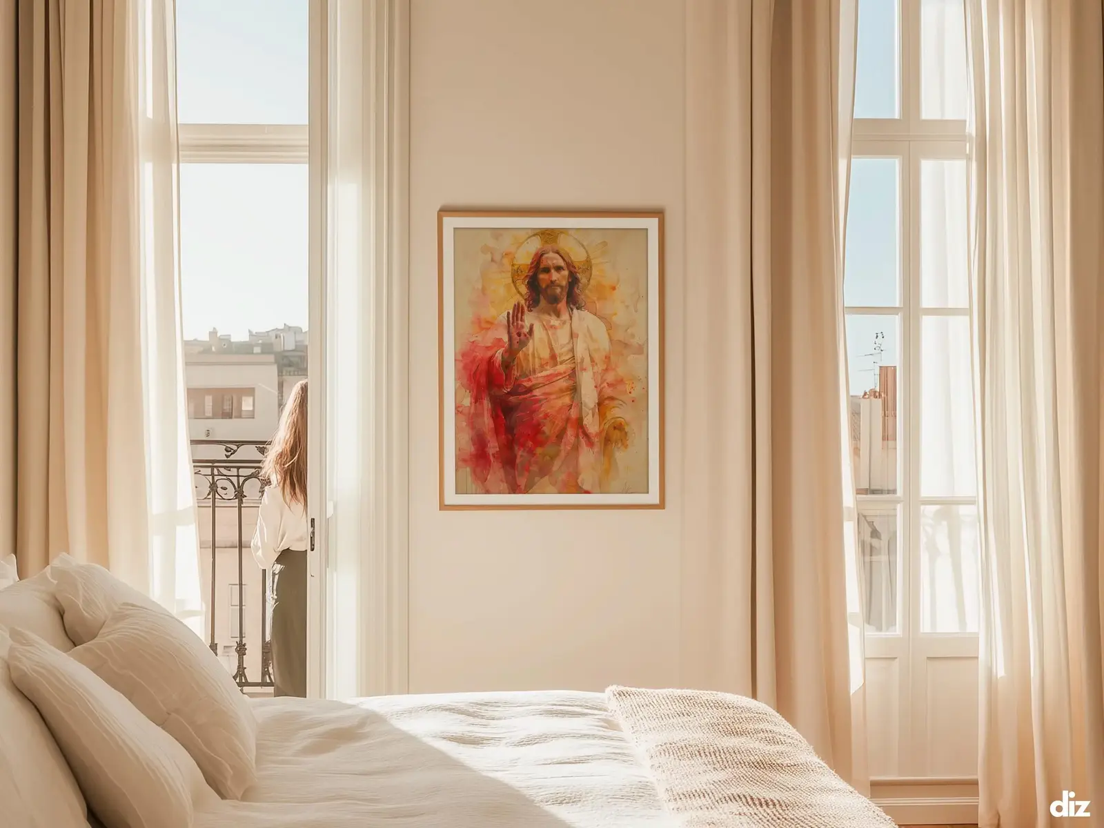 Sacred Heart of Jesus framed above sofa, living room display blending peace and devotion, bible wall art catholic wall art