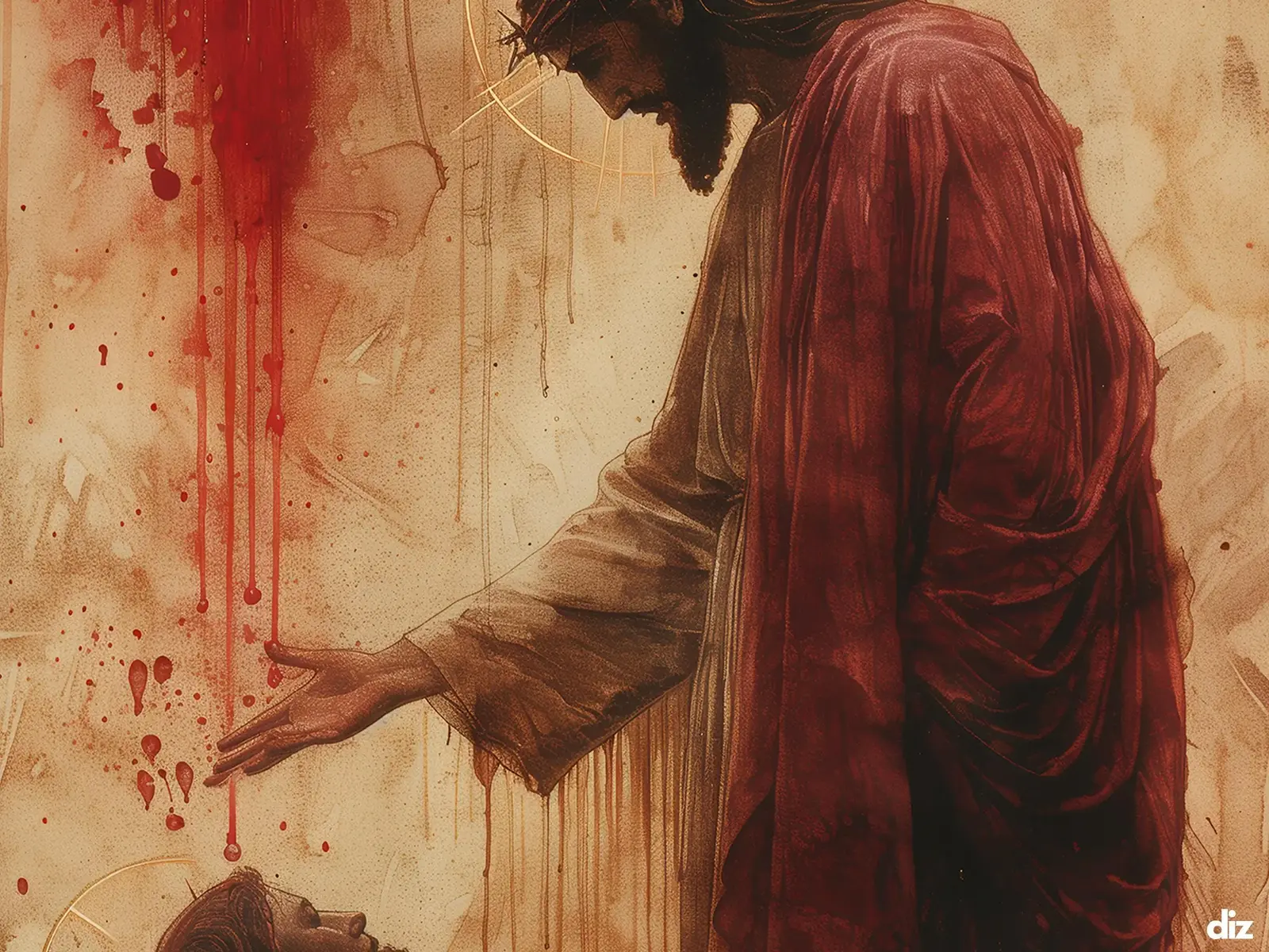 Close-up detail of the flaming Sacred Heart, thorn crown and cross, jesus sacred heart biblical wall art