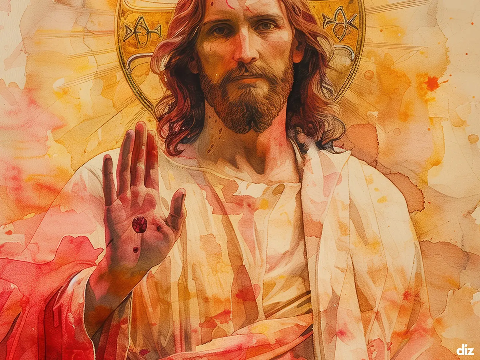 Close-up detail of the flaming Sacred Heart, thorn crown and cross, jesus sacred heart biblical wall art