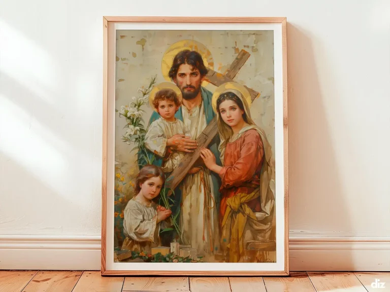 Framed Holy Family devotional watercolor showing young Jesus with cross beam, religious artwork for christian wall art