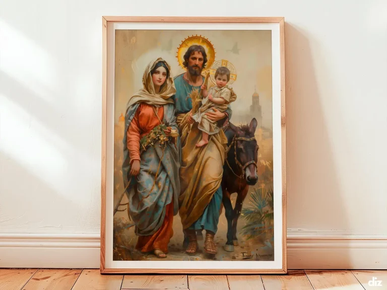 Framed holy family watercolor Flight into Egypt, Christian wall art and religious artwork for prayer room decor