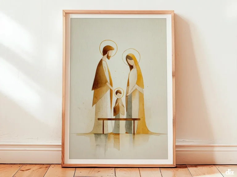 Framed Holy Family minimalist silhouettes in Nazareth, devotional Christian wall art focusing on Jesus and simple cross.