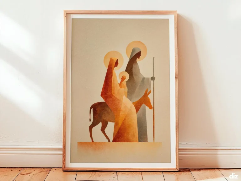 Framed Holy family minimalist print showing Flight into Egypt silhouettes, religious art and spiritual artwork for devotion