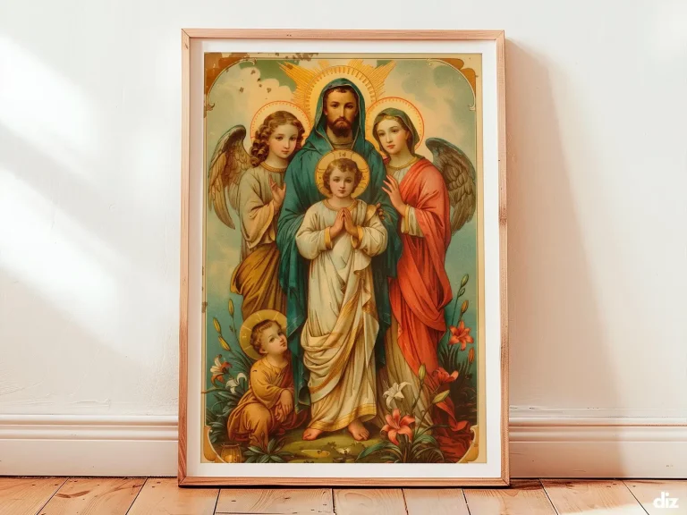 Framed Holy Family watercolor depicting Christ central with luminous halos, devotional christian wall art and sacred focus