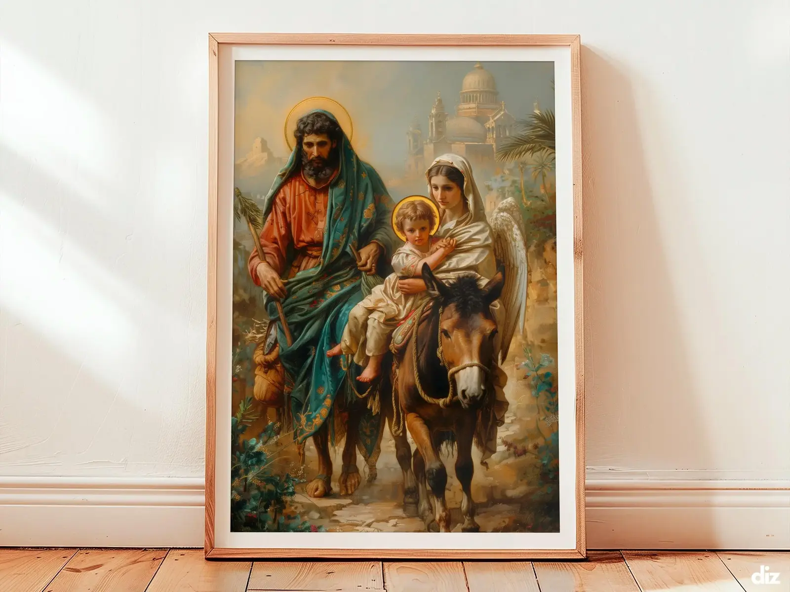 Framed Holy Family watercolor art print with luminous halos, reverent biblical artwork for Catholic wall art