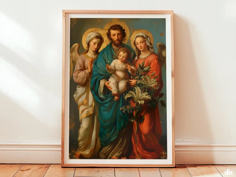 Framed Holy Family watercolor print, frontal composition centered on Christ, devotional catholic wall art for prayer.