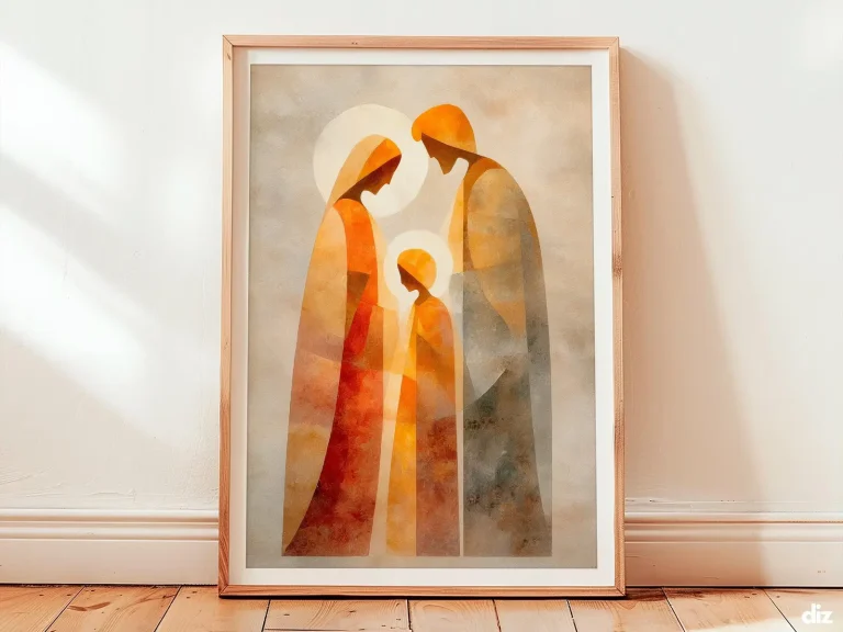 Framed Holy Family watercolor art print centered on ivory negative space, minimalist Biblical Wall Art, Christian Wall Art