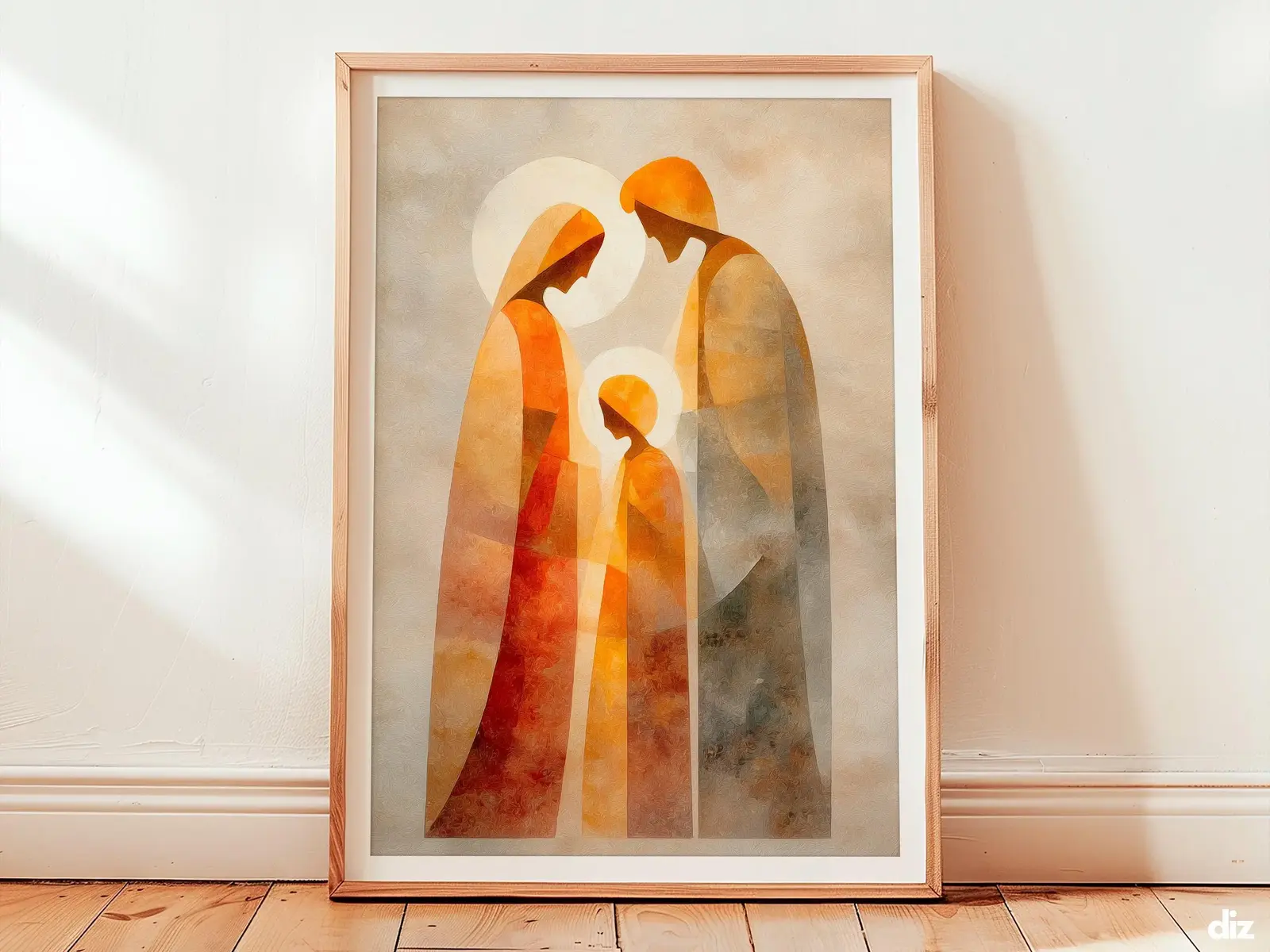 Framed Holy Family watercolor art print centered on ivory negative space, minimalist Biblical Wall Art, Christian Wall Art