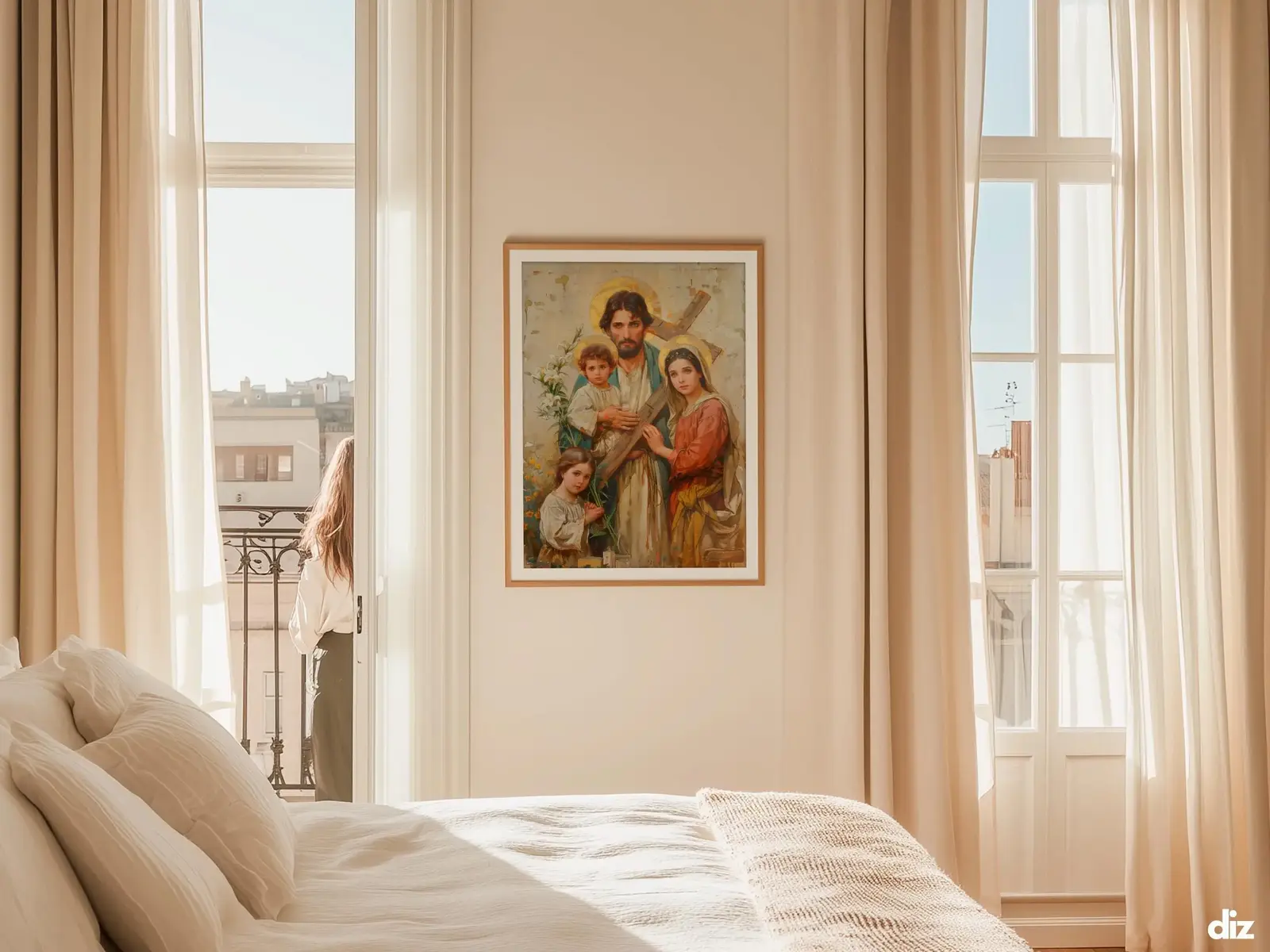 Sacred Heart of Jesus framed above sofa, living room display blending peace and devotion, bible wall art catholic wall art