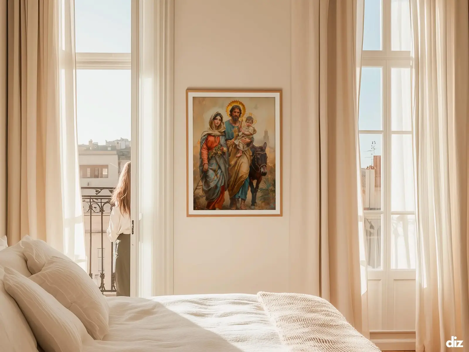 Sacred Heart of Jesus framed above sofa, living room display blending peace and devotion, bible wall art catholic wall art