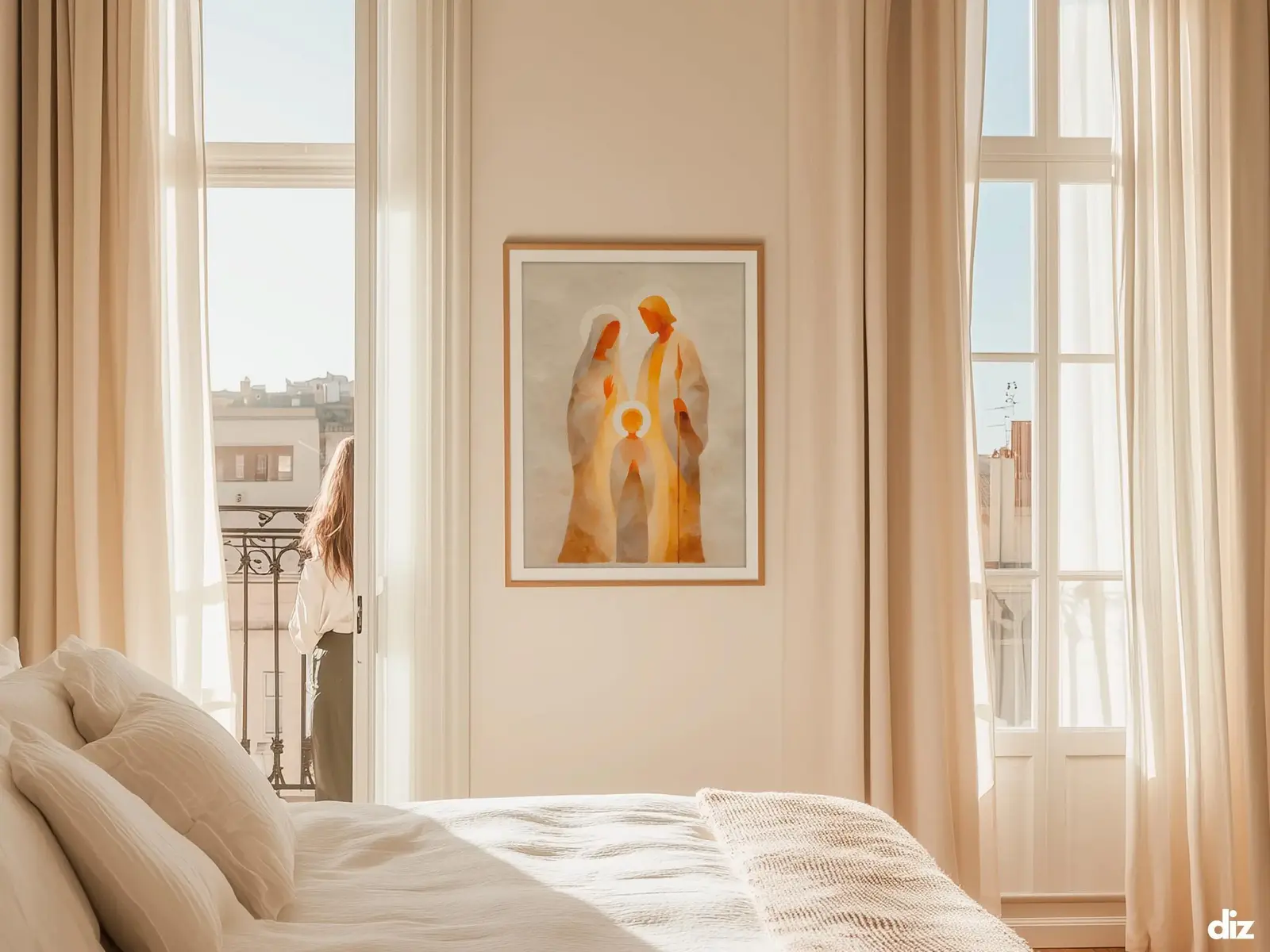 Sacred Heart of Jesus framed above sofa, living room display blending peace and devotion, bible wall art catholic wall art