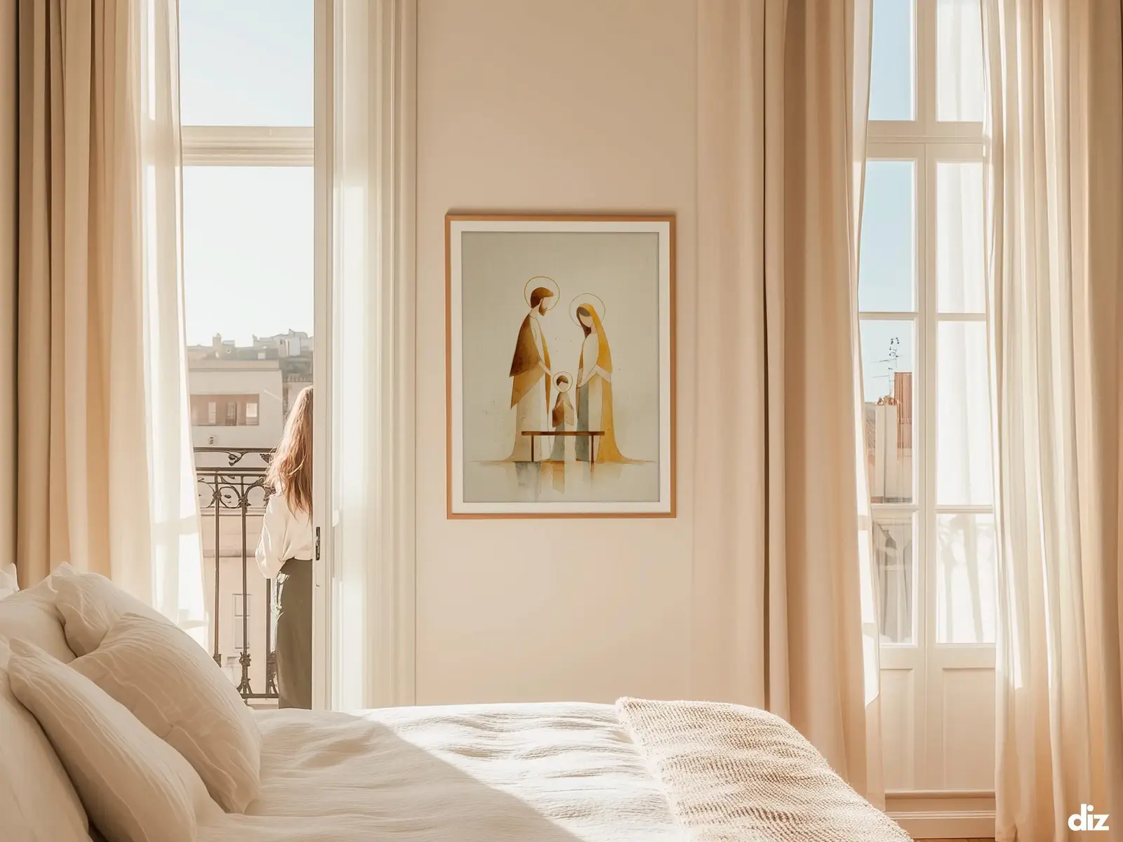 Sacred Heart of Jesus framed above sofa, living room display blending peace and devotion, bible wall art catholic wall art