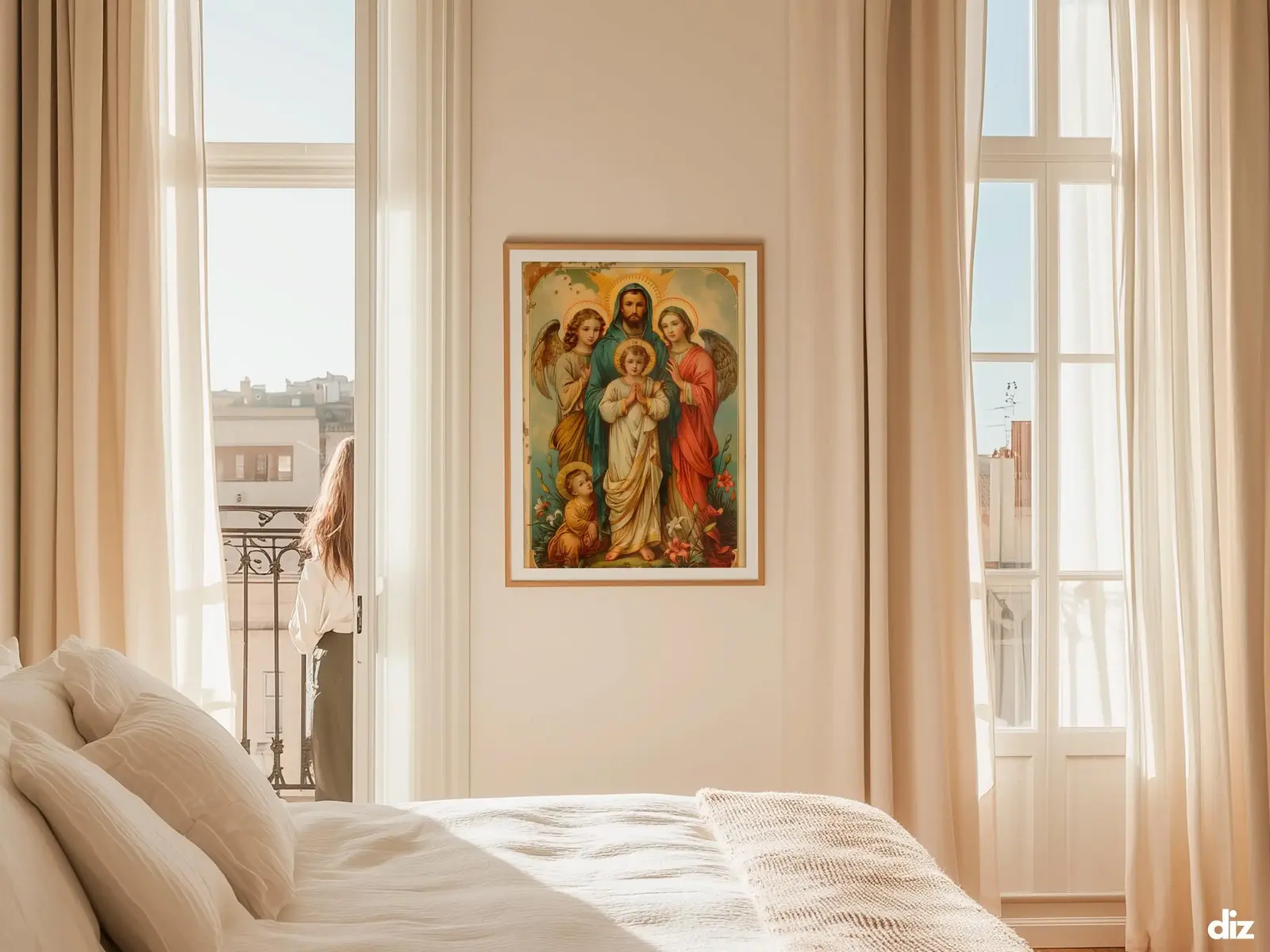 Sacred Heart of Jesus framed above sofa, living room display blending peace and devotion, bible wall art catholic wall art