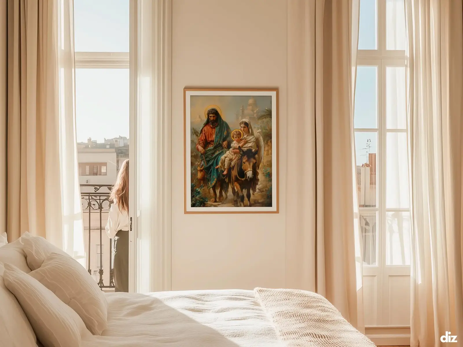 Sacred Heart of Jesus framed above sofa, living room display blending peace and devotion, bible wall art catholic wall art