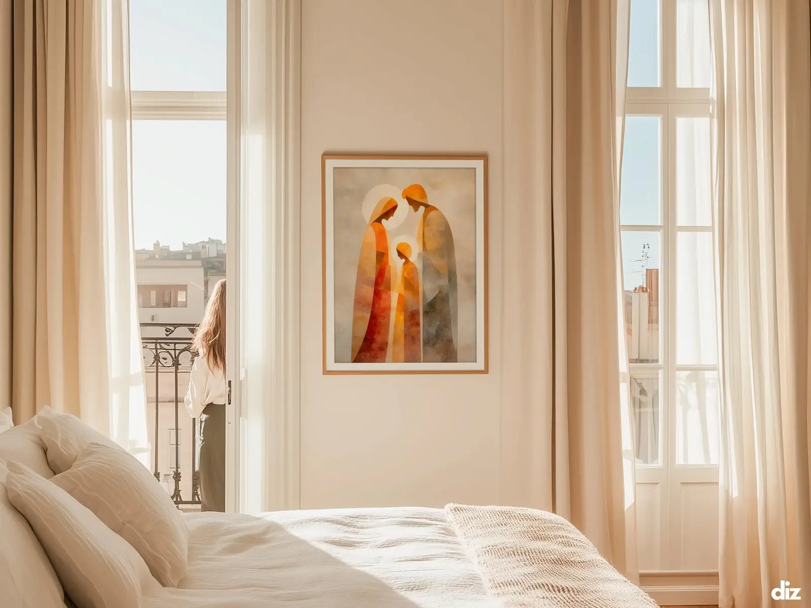 Sacred Heart of Jesus framed above sofa, living room display blending peace and devotion, bible wall art catholic wall art