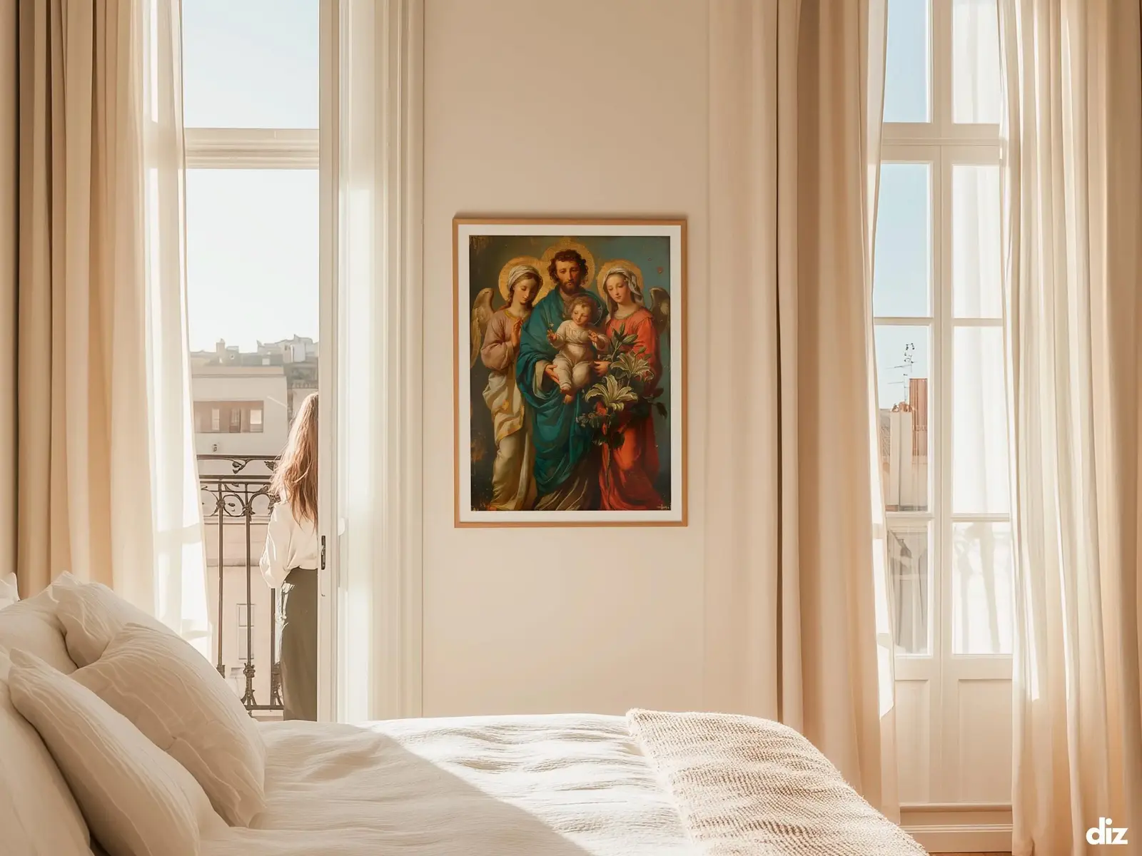 Sacred Heart of Jesus framed above sofa, living room display blending peace and devotion, bible wall art catholic wall art