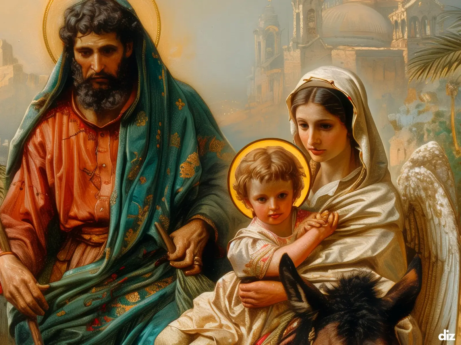 Close-up of Mary cradling Child with contained aureoles, detailed halos and lilies, religious artwork Jesus Mary Joseph