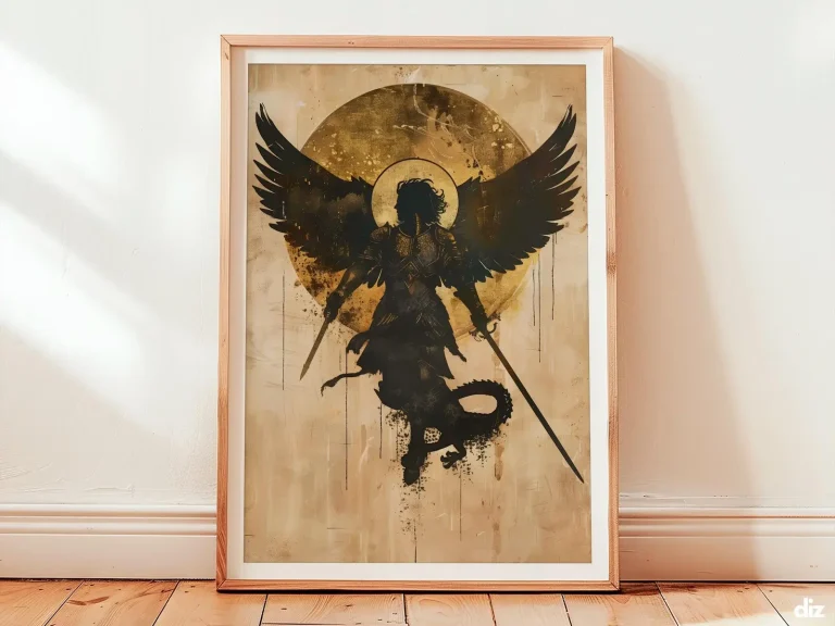 Framed St Michael the Archangel watercolor print, minimalist heroic overview, archangel michael religious artwork for contemplative spaces