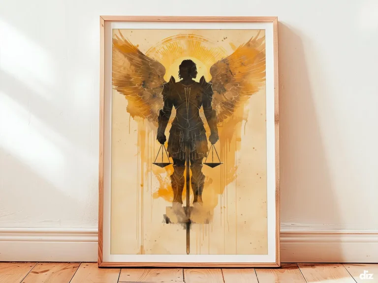 Framed St Michael the Archangel watercolor in calm stance, Christian wall art and religious artwork for devotion