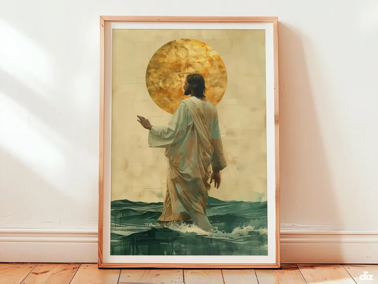 Jesus Miracle Art Print: Calm Waters and Golden Halo, Modern Christian Decor (Digital Download)