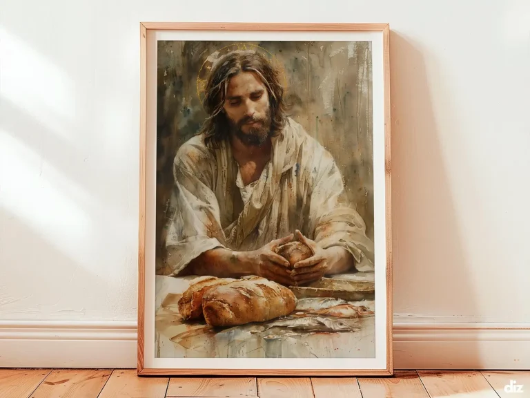 Jesus Miracle Art Print: Blessing Loaf and Fish, Christian Wall Art (Digital Download)