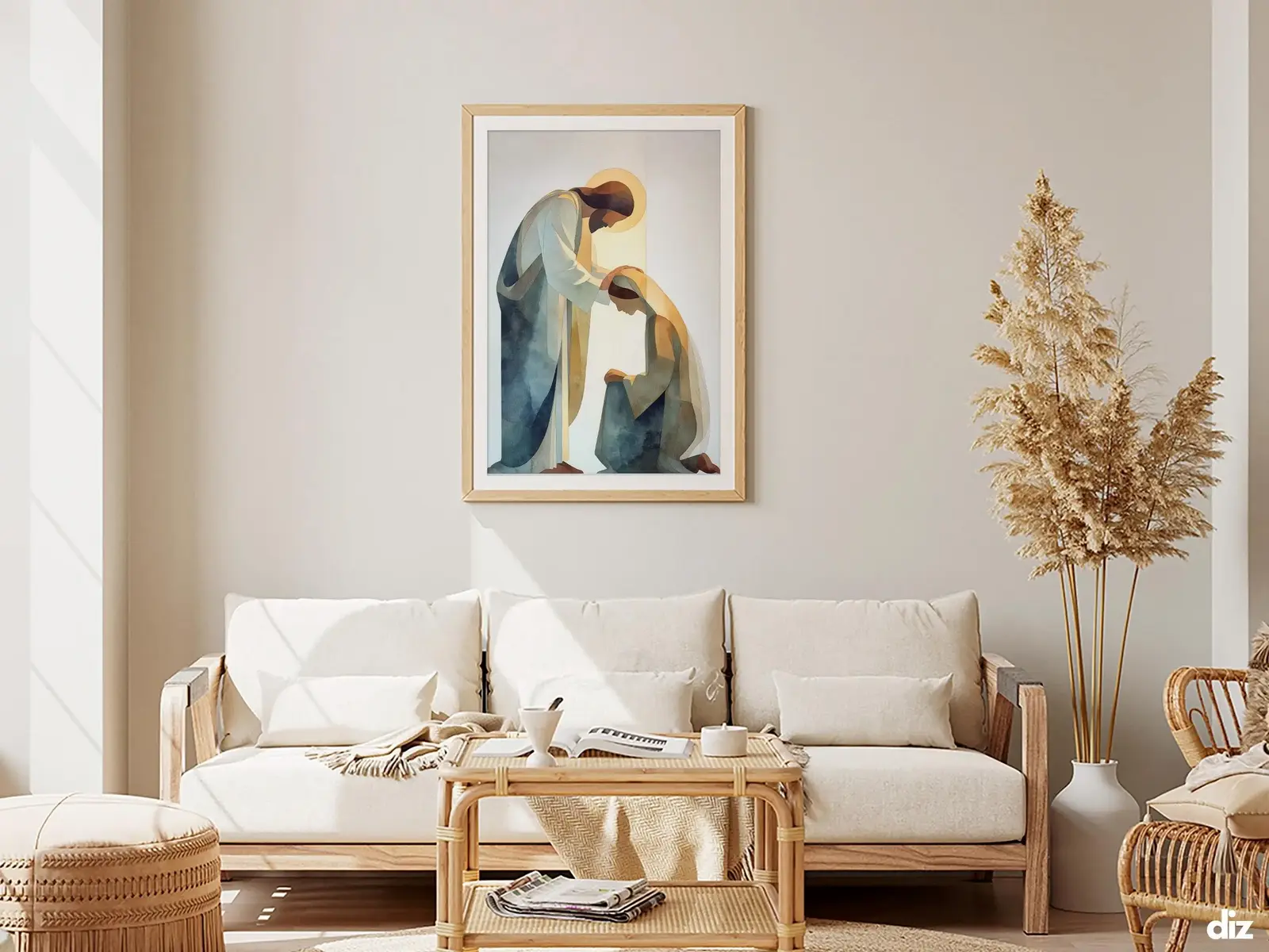 Framed Sacred Heart of Jesus above bed, bedroom sanctuary offering mercy and trust, jesus wall art artwork of jesus