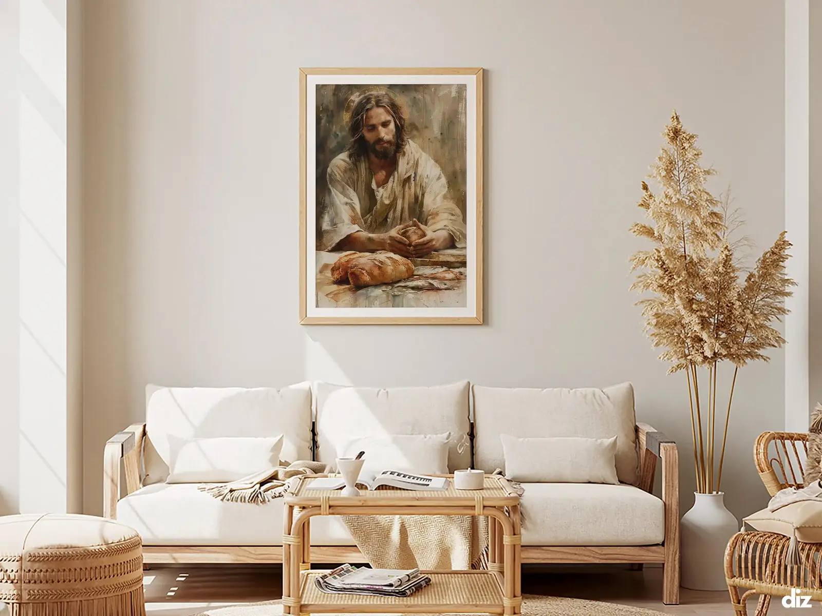 Framed Sacred Heart of Jesus above bed, bedroom sanctuary offering mercy and trust, jesus wall art artwork of jesus