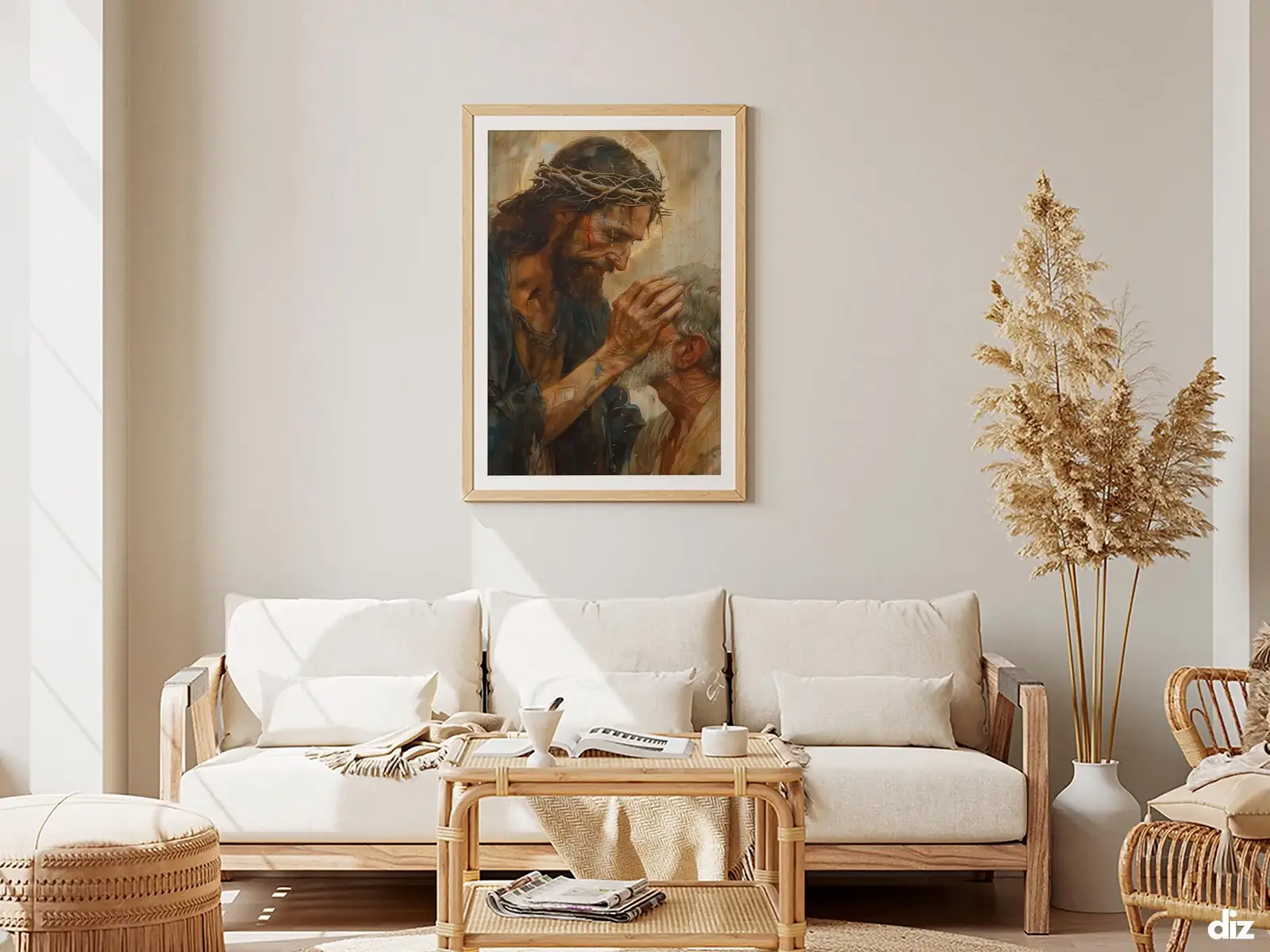 Framed Sacred Heart of Jesus above bed, bedroom sanctuary offering mercy and trust, jesus wall art artwork of jesus