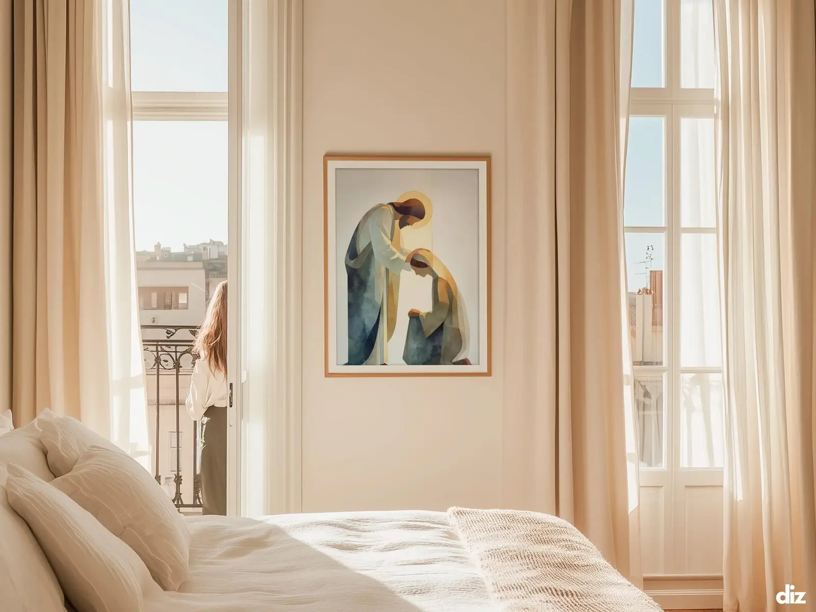 Sacred Heart of Jesus framed above sofa, living room display blending peace and devotion, bible wall art catholic wall art