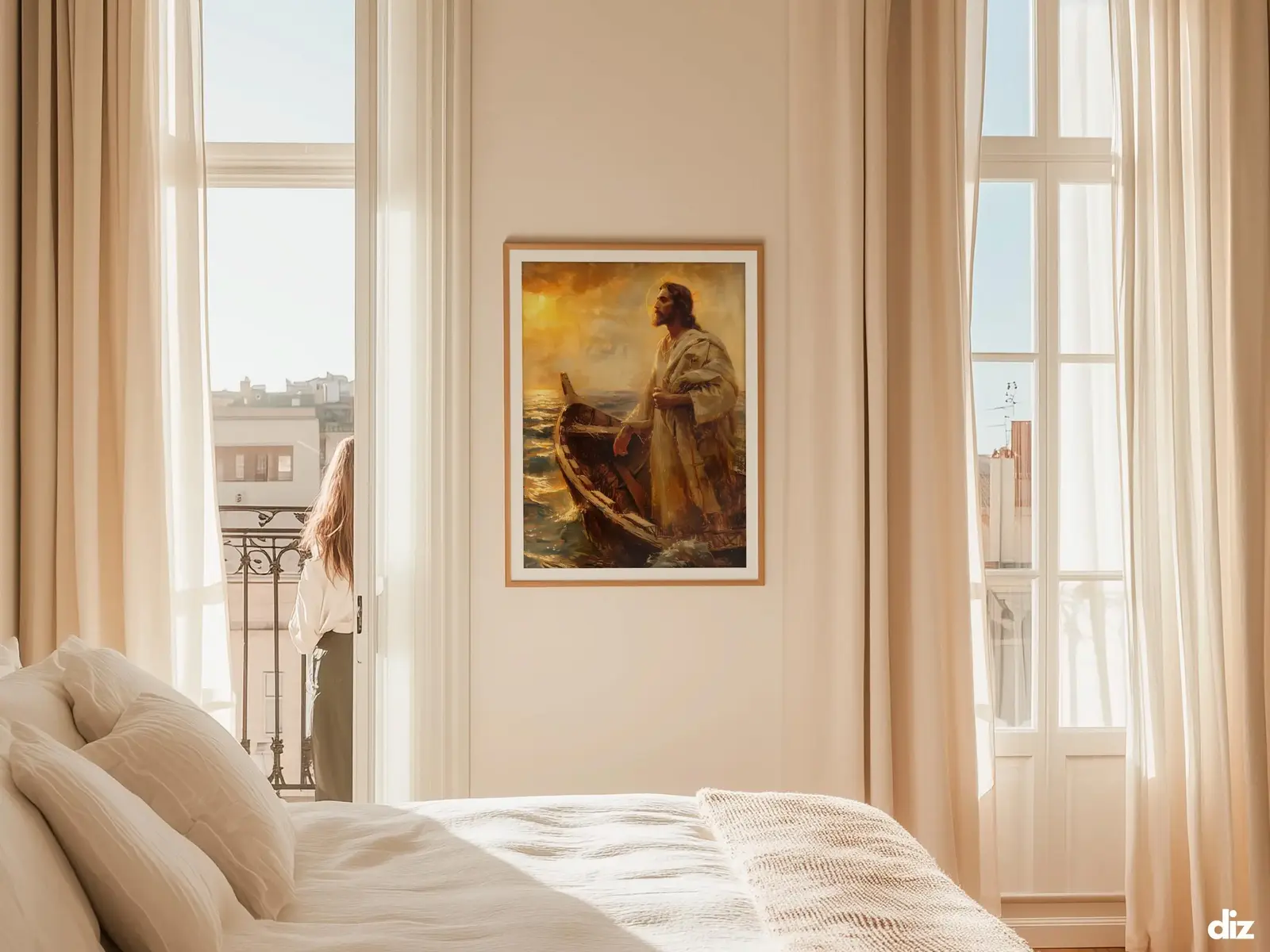 Sacred Heart of Jesus framed above sofa, living room display blending peace and devotion, bible wall art catholic wall art