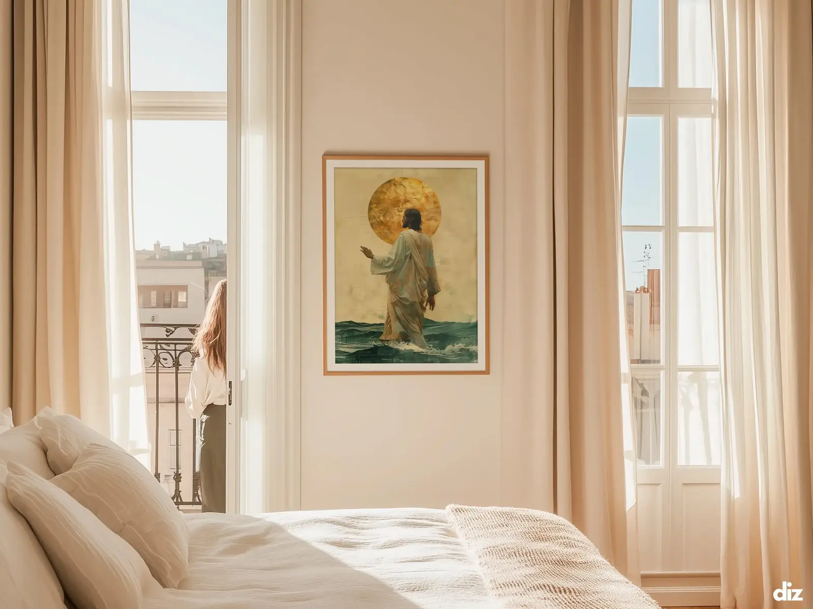 Sacred Heart of Jesus framed above sofa, living room display blending peace and devotion, bible wall art catholic wall art