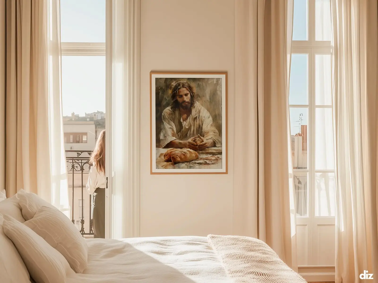 Sacred Heart of Jesus framed above sofa, living room display blending peace and devotion, bible wall art catholic wall art