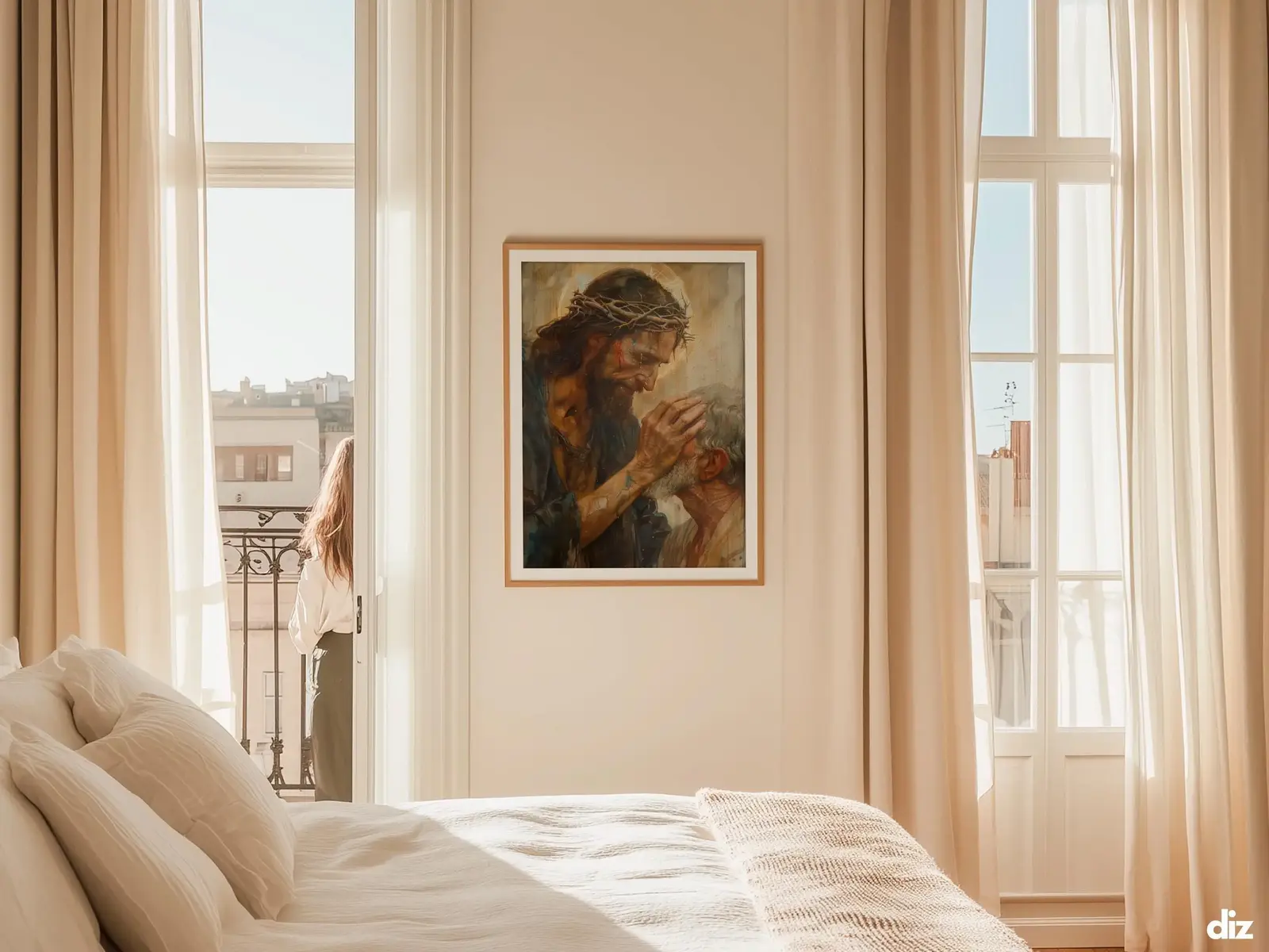 Sacred Heart of Jesus framed above sofa, living room display blending peace and devotion, bible wall art catholic wall art