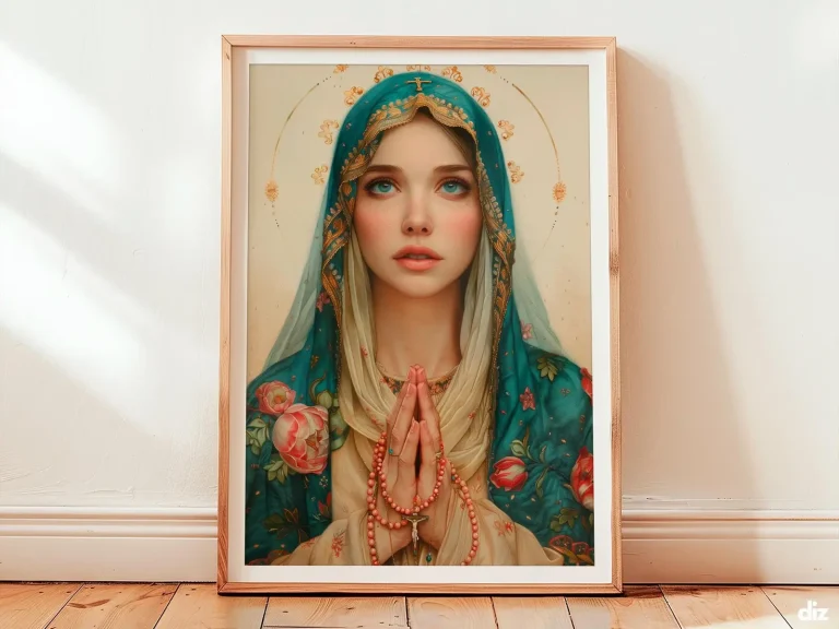 Framed Lady of the Rosary watercolor offering rosary, Blessed Virgin Mary devotional Christian wall art for prayer