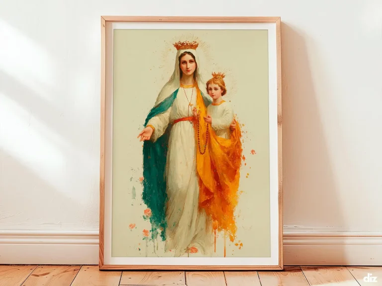 Framed Lady of the Rosary watercolor print with radiant gold halo, marian art and catholic wall art for prayer