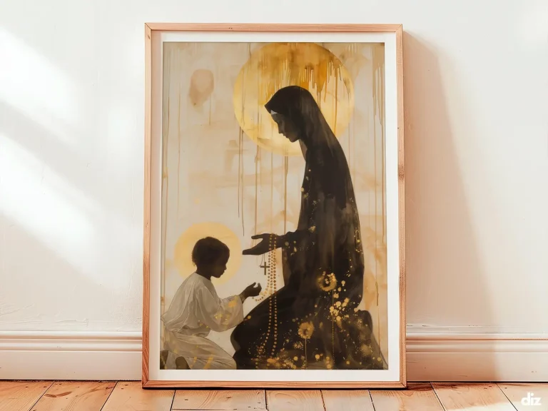 Framed Lady Of The Rosary watercolor print, minimalist Marian Art and Christian Wall Art for prayerful spaces.