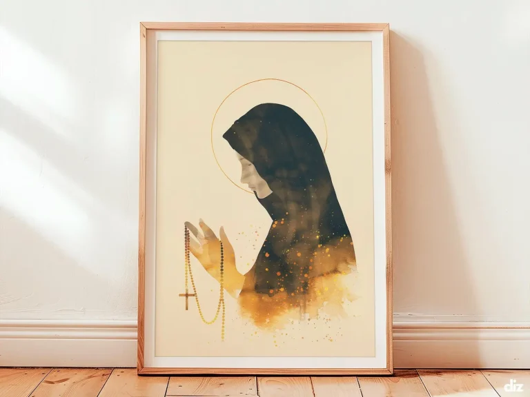 Framed Lady of the Rosary watercolor print, Lady Of The Rosary and Religious Artwork displayed for quiet prayerful peace