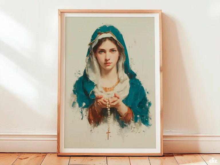 Framed Lady Of The Rosary watercolor print offering rosary beads, serene Blessed Virgin Mary, Marian Art for Church Decor