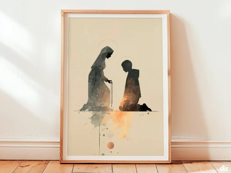 Framed Lady of the Rosary watercolor, calm silhouettes of Mary and Child offering rosary, Religious Artwork, Christian Wall Art