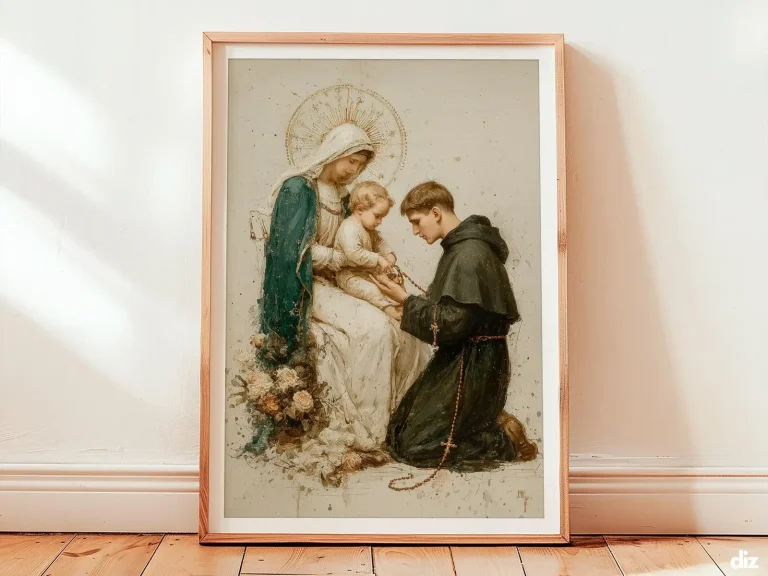 Framed Lady of the Rosary watercolor print, Mary offering luminous rosary to St. Dominic, Marian art for church decor