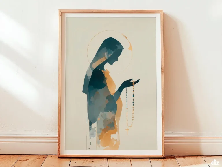 Framed Lady Of The Rosary watercolor print in ivory negative space, minimalist Marian Art and Catholic Wall Art.