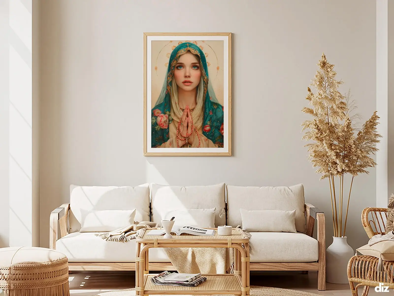 Framed Sacred Heart of Jesus above bed, bedroom sanctuary offering mercy and trust, jesus wall art artwork of jesus