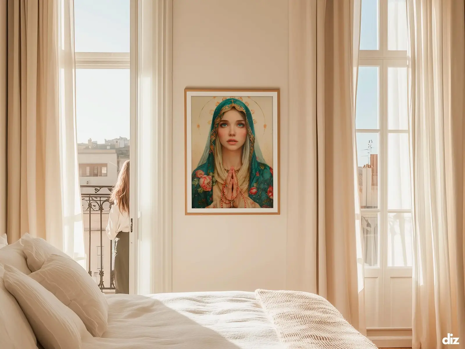 Sacred Heart of Jesus framed above sofa, living room display blending peace and devotion, bible wall art catholic wall art