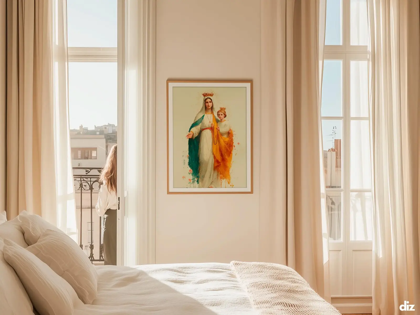 Sacred Heart of Jesus framed above sofa, living room display blending peace and devotion, bible wall art catholic wall art